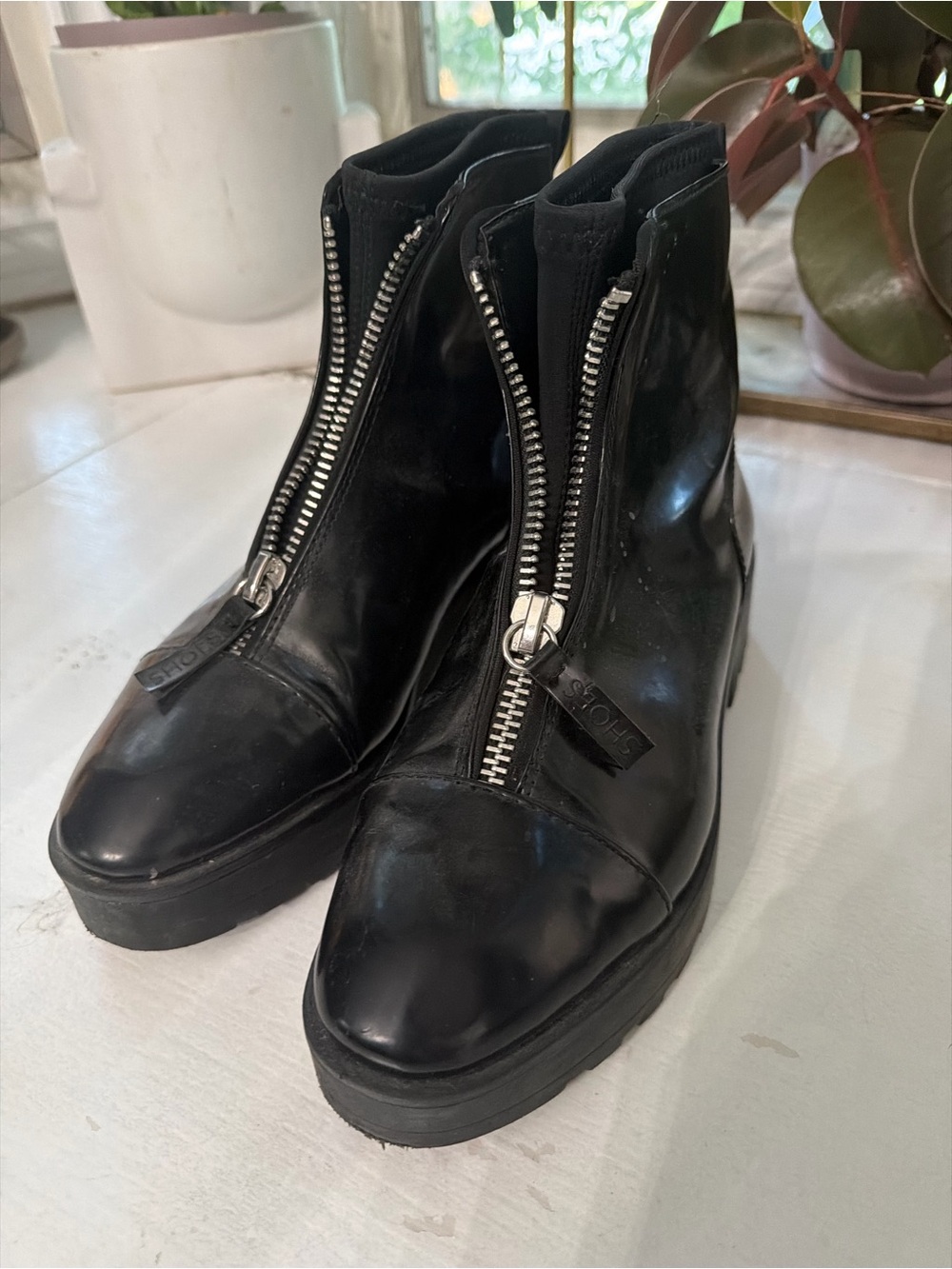 Zara Black faux Leather shiny  Front-Zip Ankle Booties